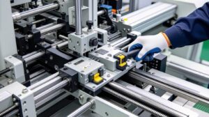 Close-up of tool-less quick-release format change parts on a cartoning machine, with an operator adjusting a keyed fitting by hand without wrenches — a core SMED design to reduce internal changeover time and eliminate misassembly risk.