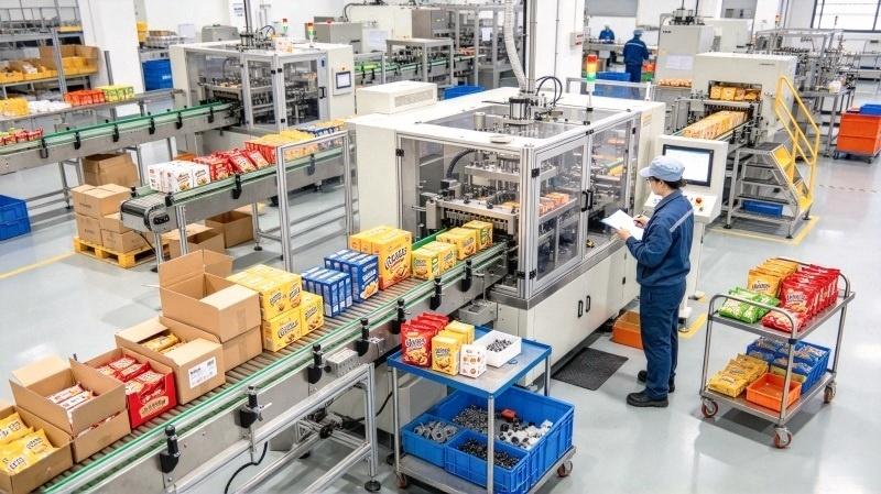Wide shot of a multi-SKU snack packaging plant with multiple carton formats running on the line, and a changeover cart with pre-staged parts parked beside the machine — demonstrating SMED external preparation and the hidden OEE impact of frequent format switches.
