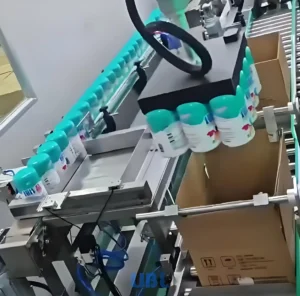 Automatic top load case packer, robotic gripper picks bottles from conveyor and drops them into carton boxes from above, packaging machine for fragile bottles and flexible pouches