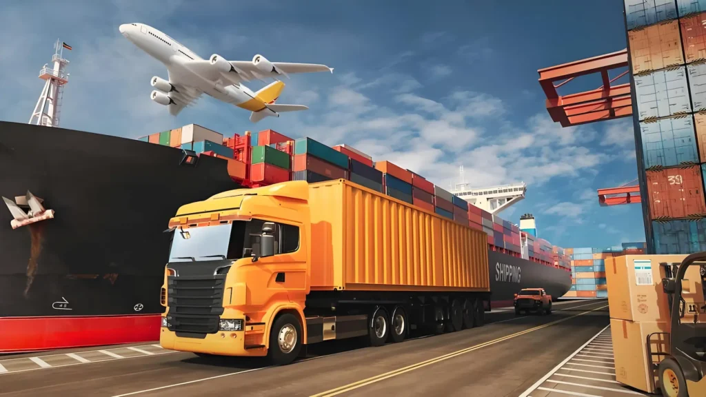 International logistics scene at port, container ship, cargo truck and airplane, illustrating freight cost calculation for packaging machinery based on volume and weight, ocean freight, insurance and inland delivery considerations