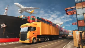 International logistics scene at port, container ship, cargo truck and airplane, illustrating freight cost calculation for packaging machinery based on volume and weight, ocean freight, insurance and inland delivery considerations

