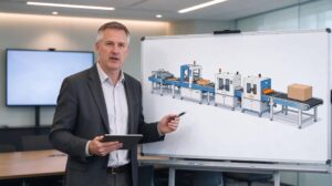 Middle-aged foreign designer from UBL holding tablet and pen, presenting customized packaging production line drawing on whiteboard in meeting room, packaging machinery solution presentation, save labor, factory space and project budget
