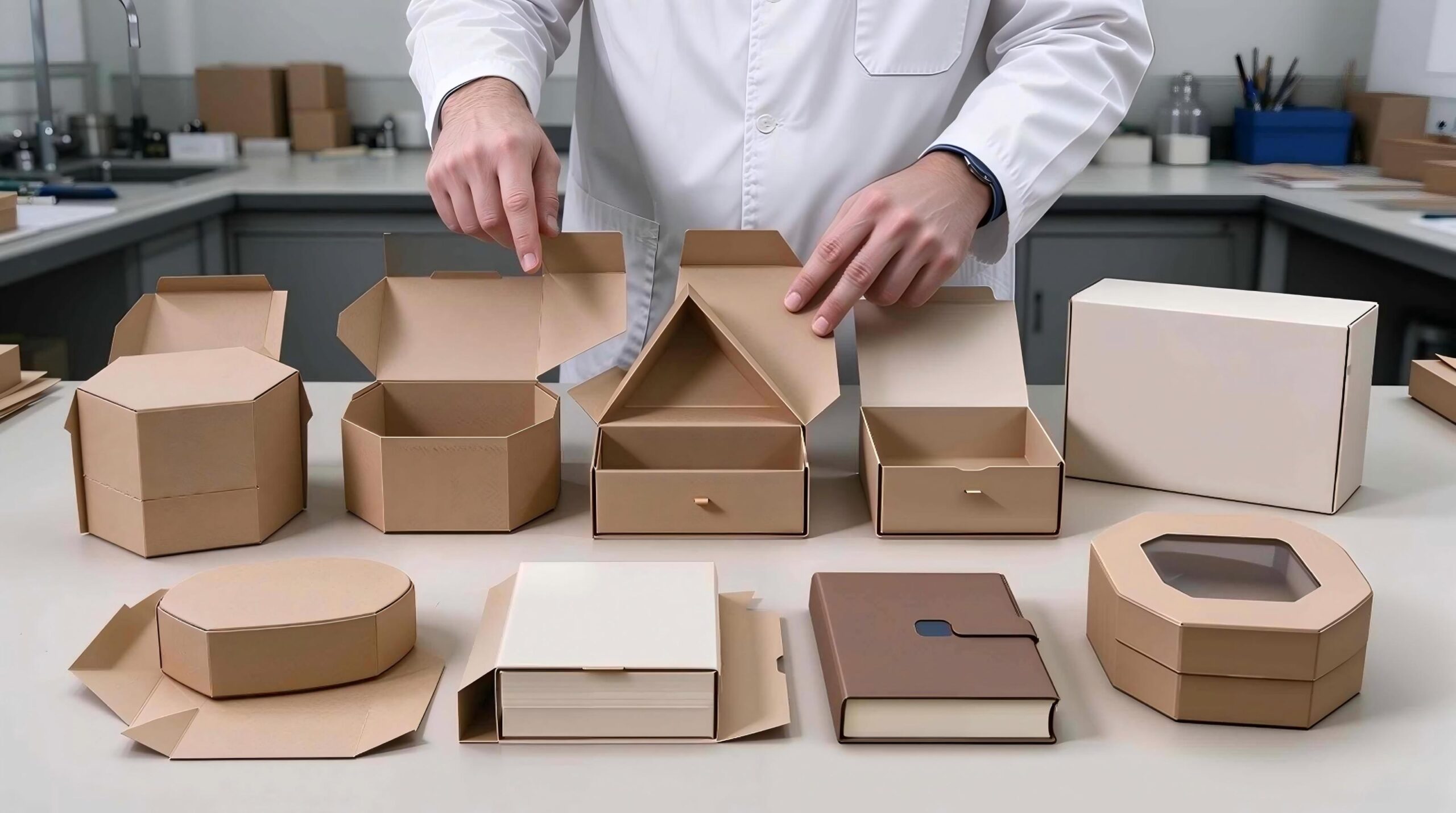 Shaped carton structures including hexagonal, octagonal, triangular, oval, drawer-style and book-style boxes, showing how non-standard footprints, special closures and display formats create different requirements for carton feeding, forming, loading and closing.